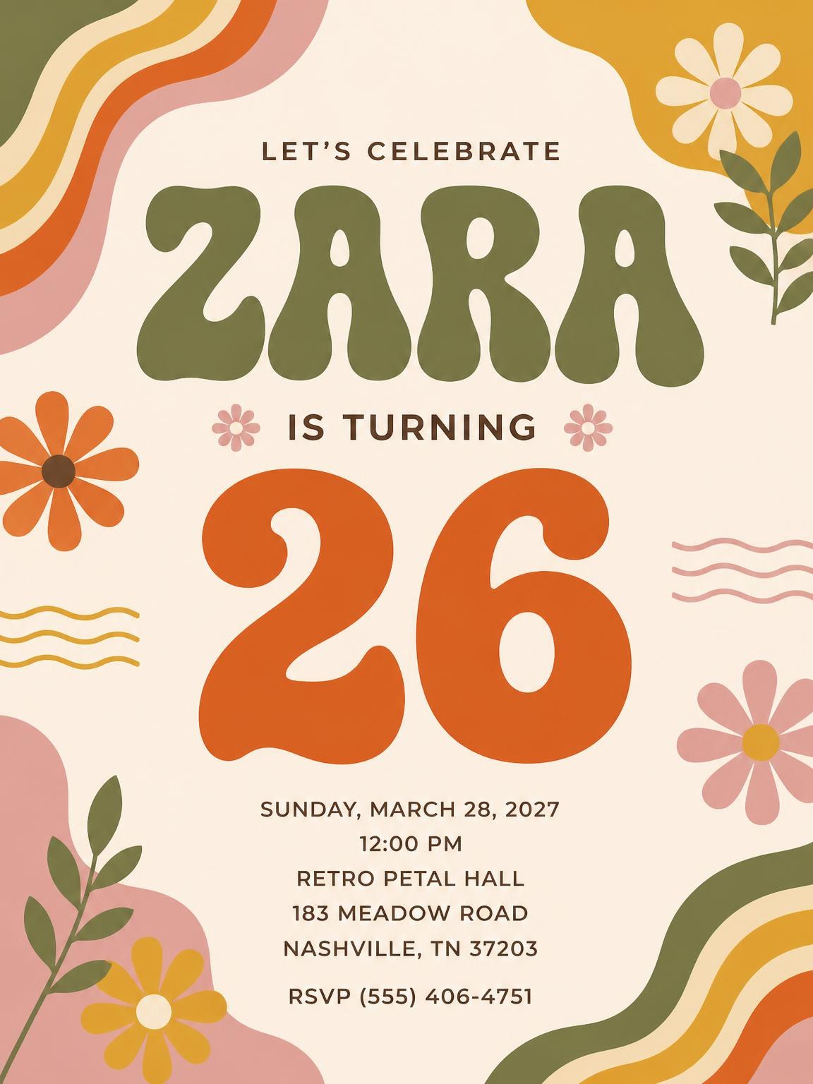 Groovy Retro 26th Birthday Invitation