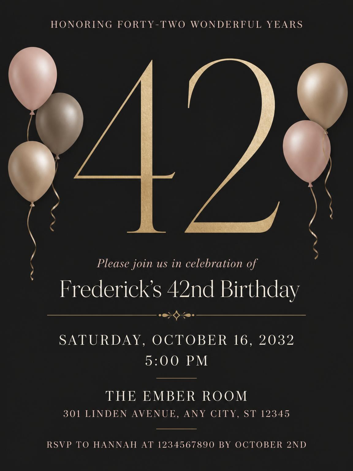 Charcoal and Blush 42nd Birthday Invitation