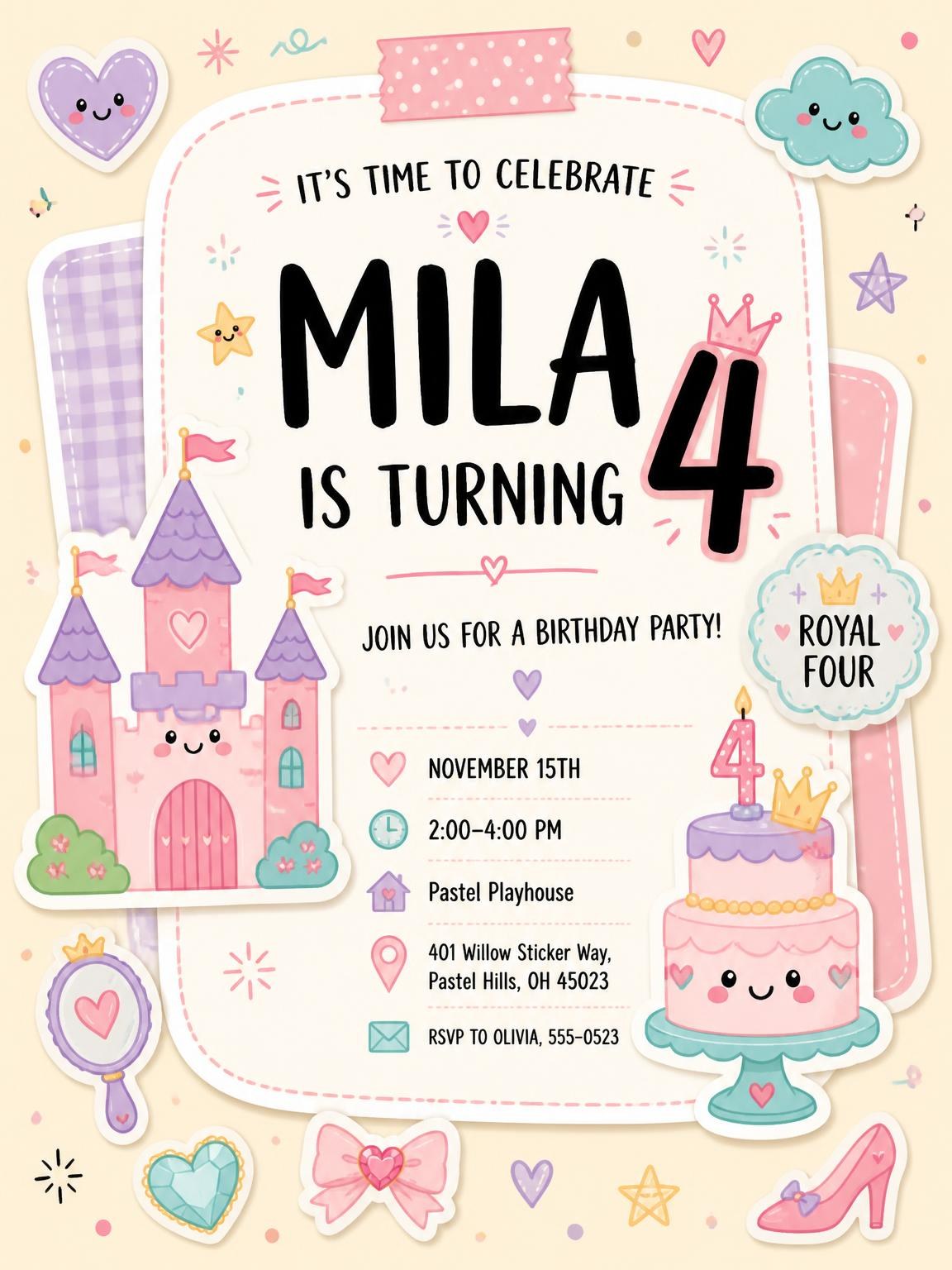 Castle Pastel Scrapbook 4th Birthday Invitation