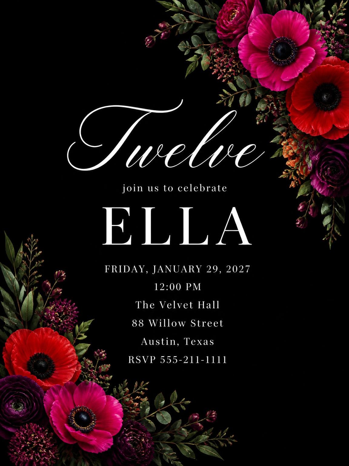 Black Floral 12th Birthday Invitation