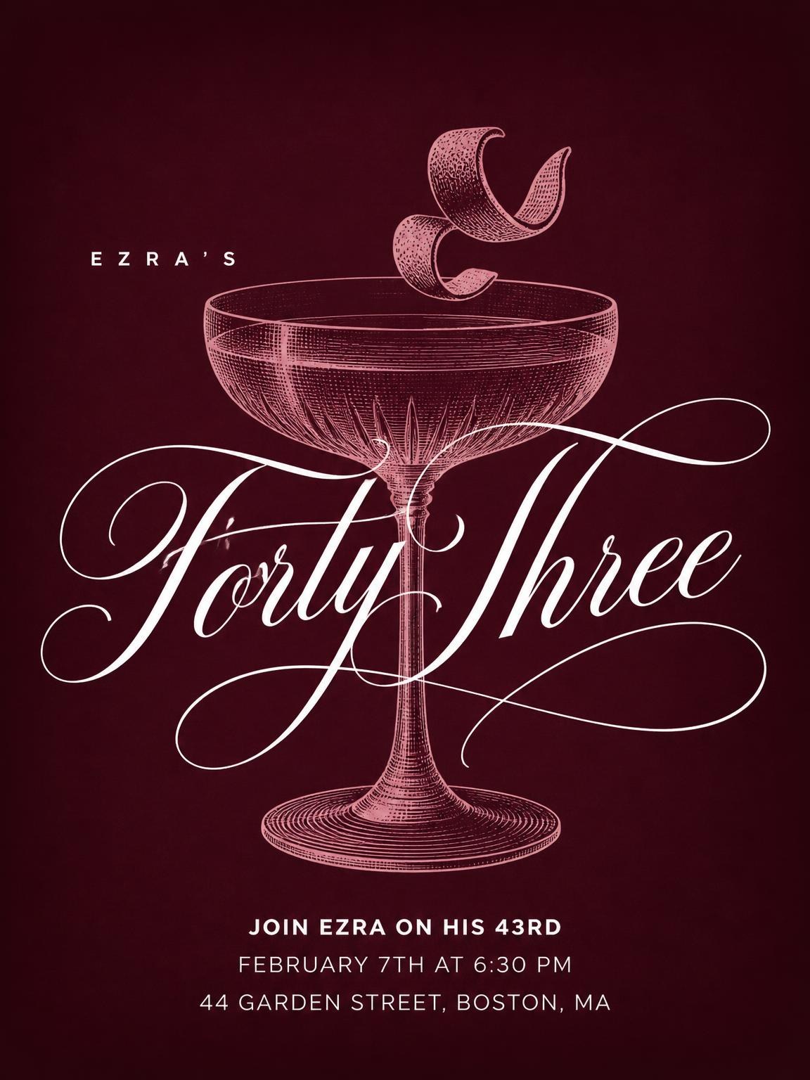 Burgundy Cocktail 43rd Birthday Invitation