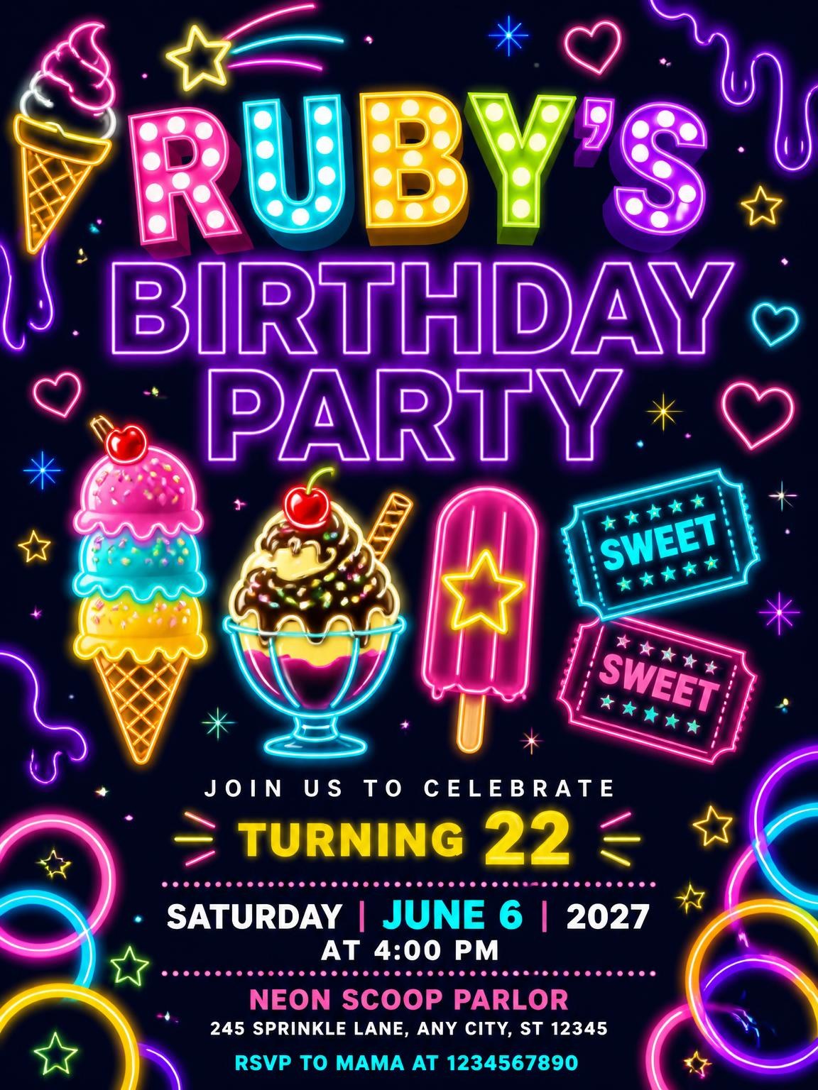 Neon Ice Cream 22nd Birthday Invitation