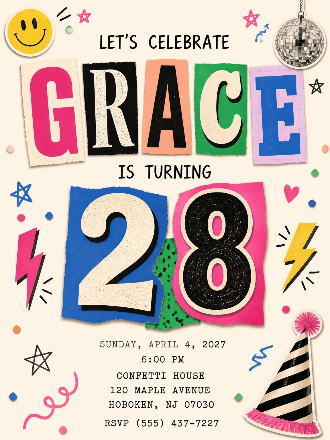Retro Paper Collage 28th Birthday Invitation