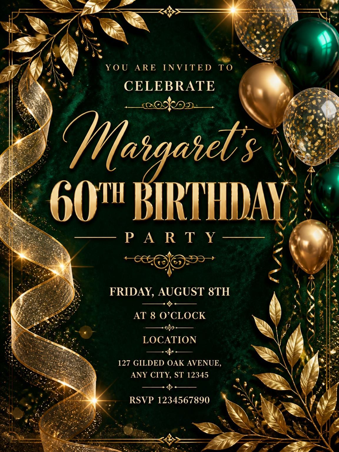 Emerald and Champagne 60th Birthday Invitation