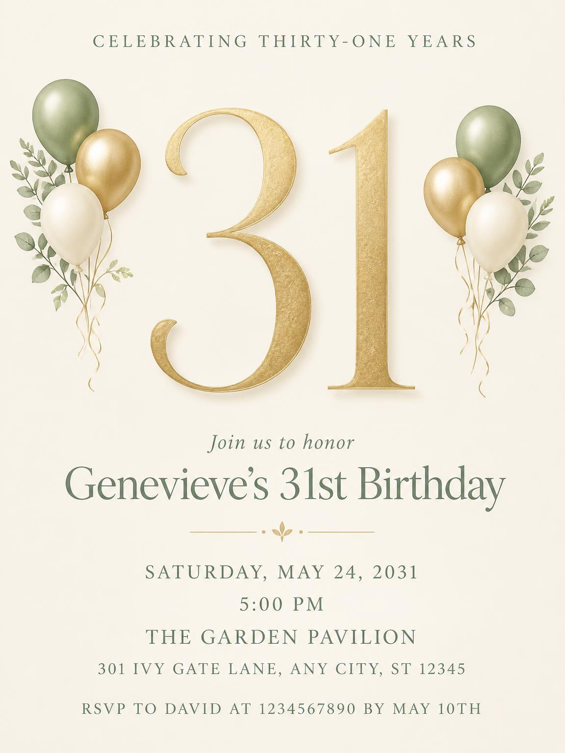 Sage and Ivory 31st Birthday Invitation