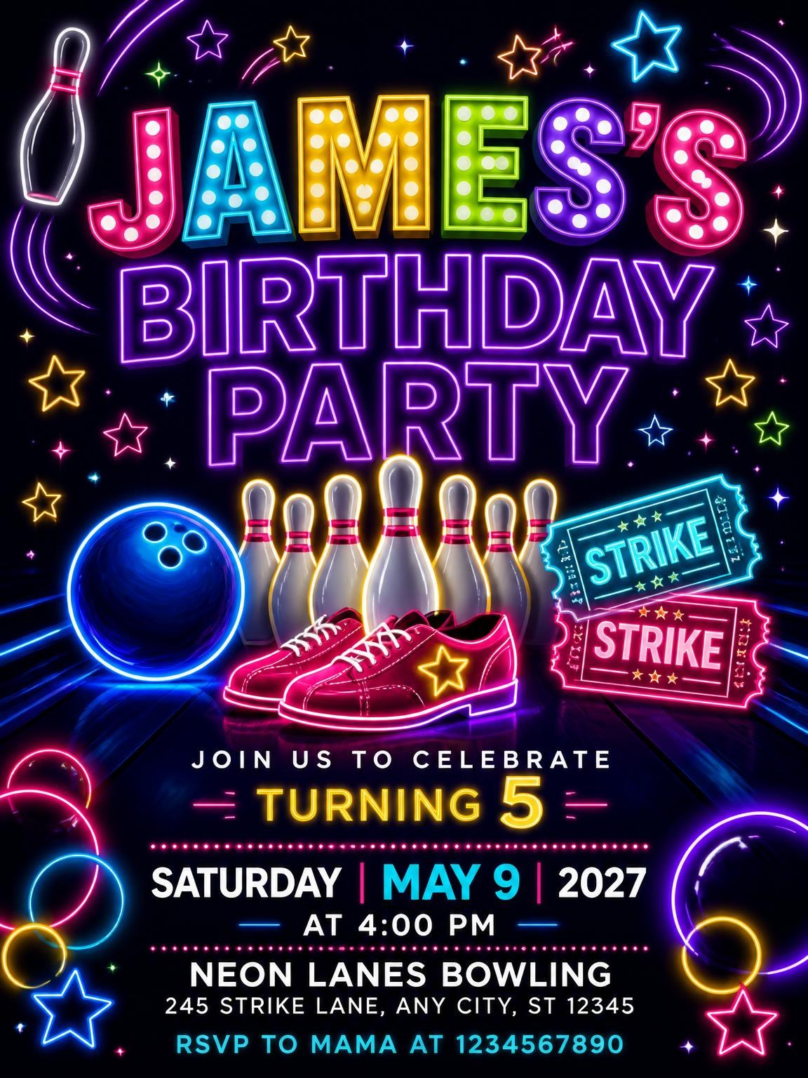 Neon Bowling 5th Birthday Invitation