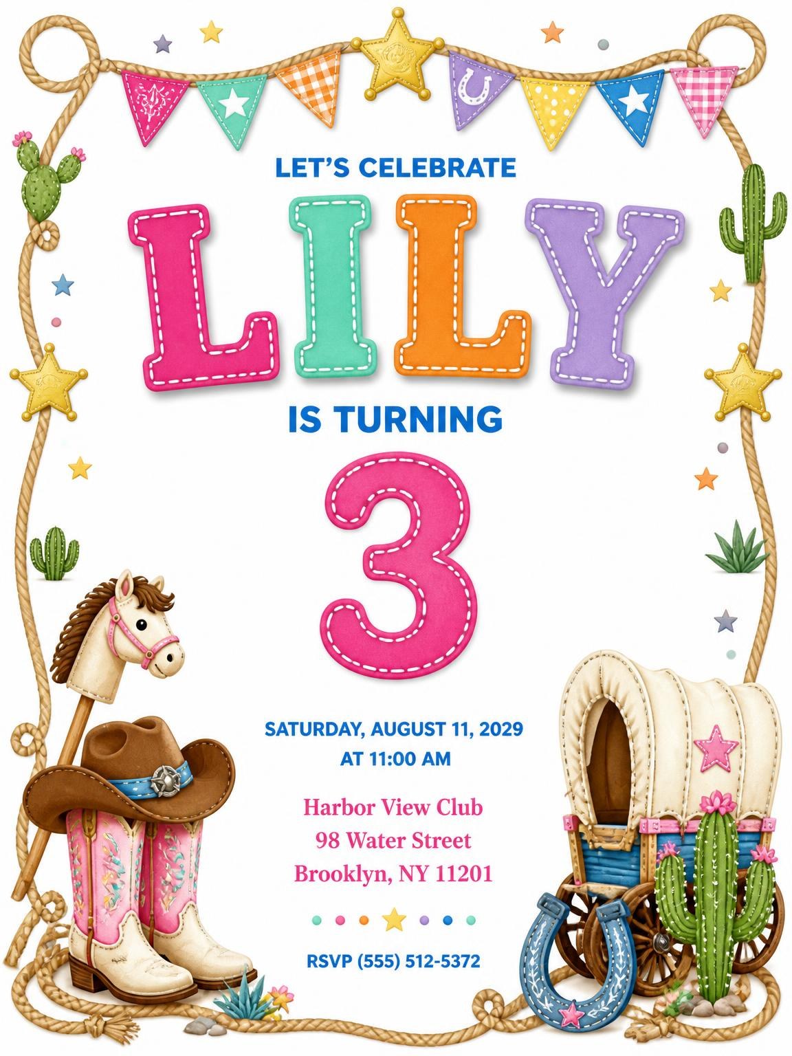 Stitched Cowboy 3rd Birthday Invitation