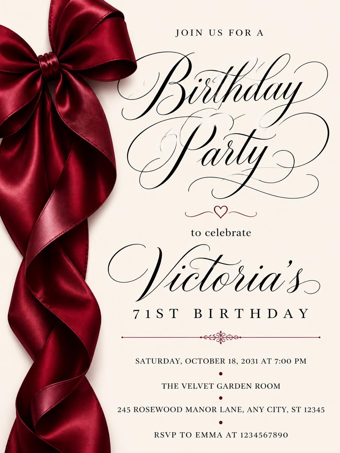 Burgundy Satin Bow 71st Birthday Invitation