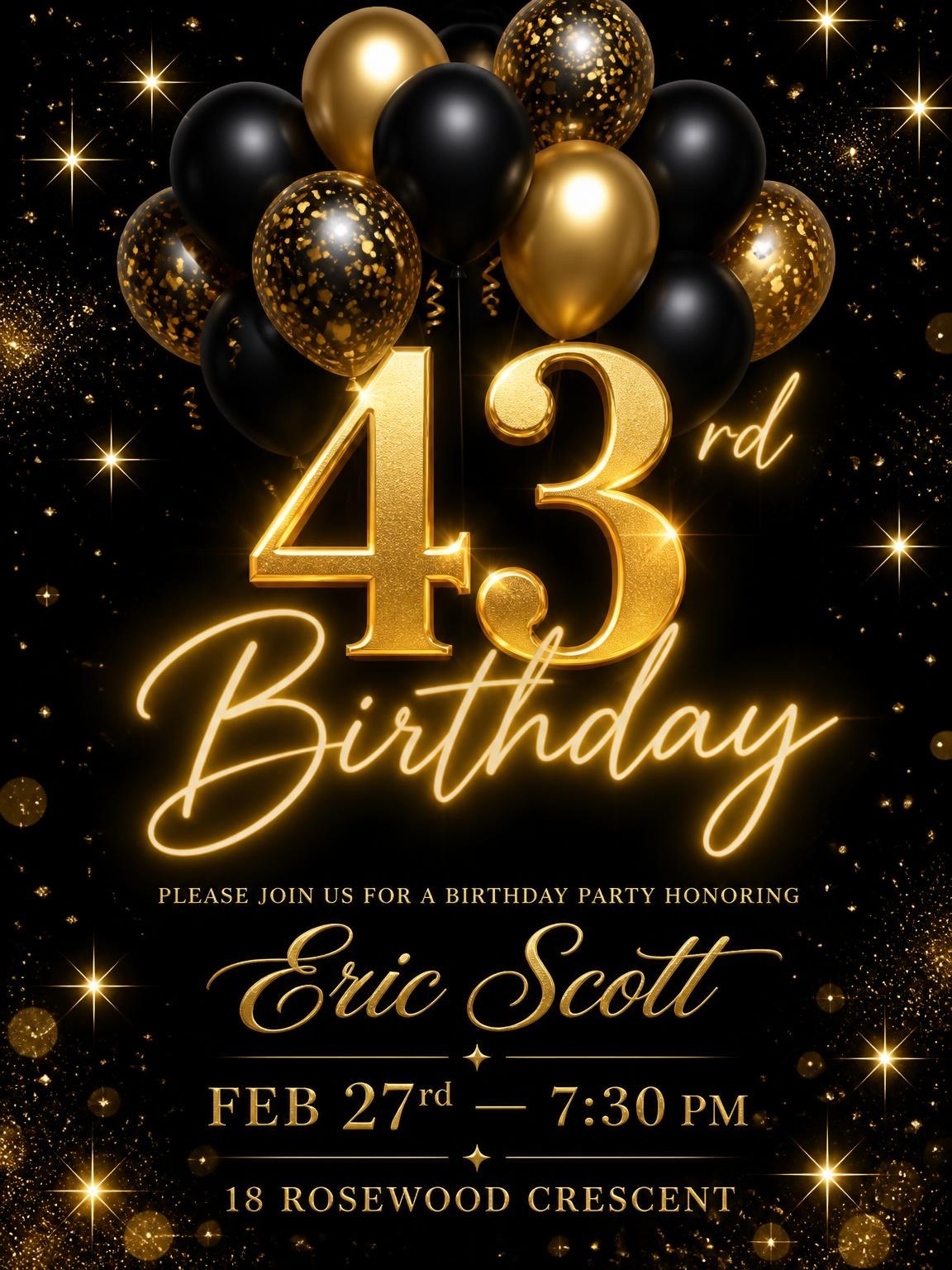 Black and Gold Balloon 43rd Birthday