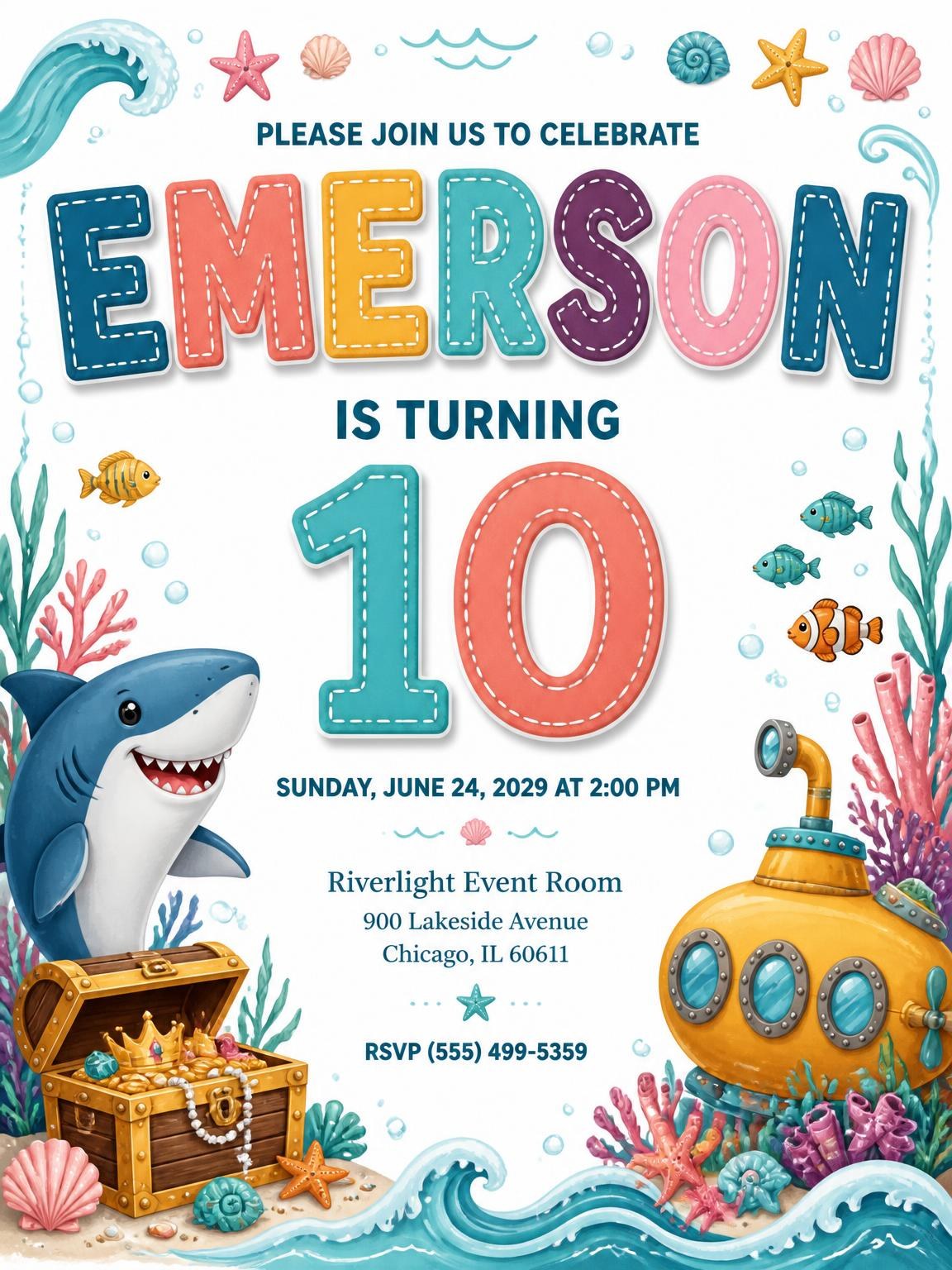 Stitched Shark 10th Birthday Invitation