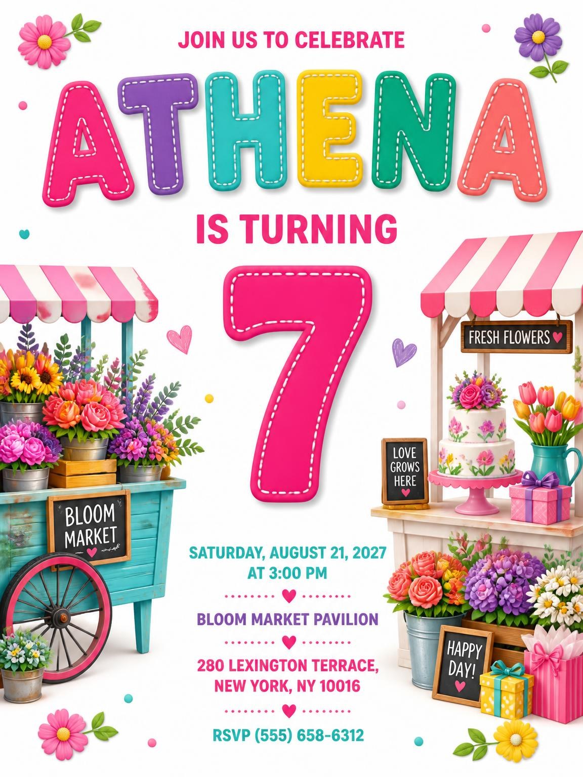 Flower Stand Stitched 7th Birthday Invitation