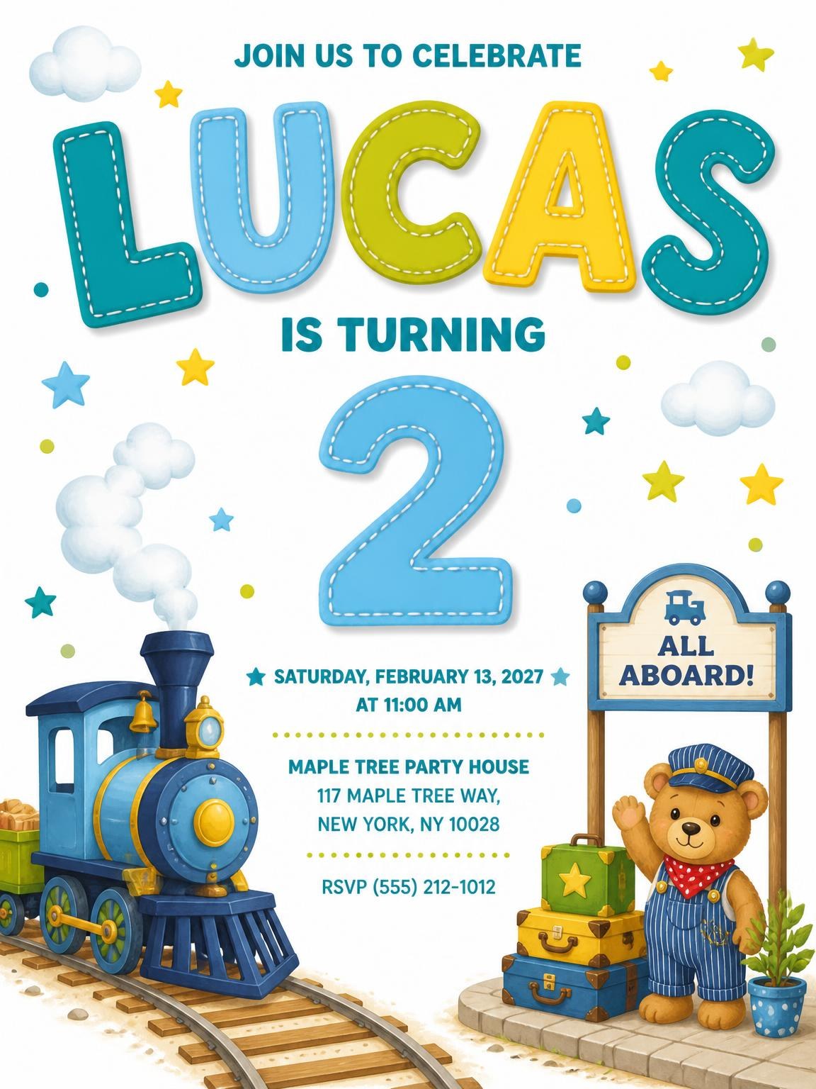 Stitched Train Station 2nd Birthday Invitation