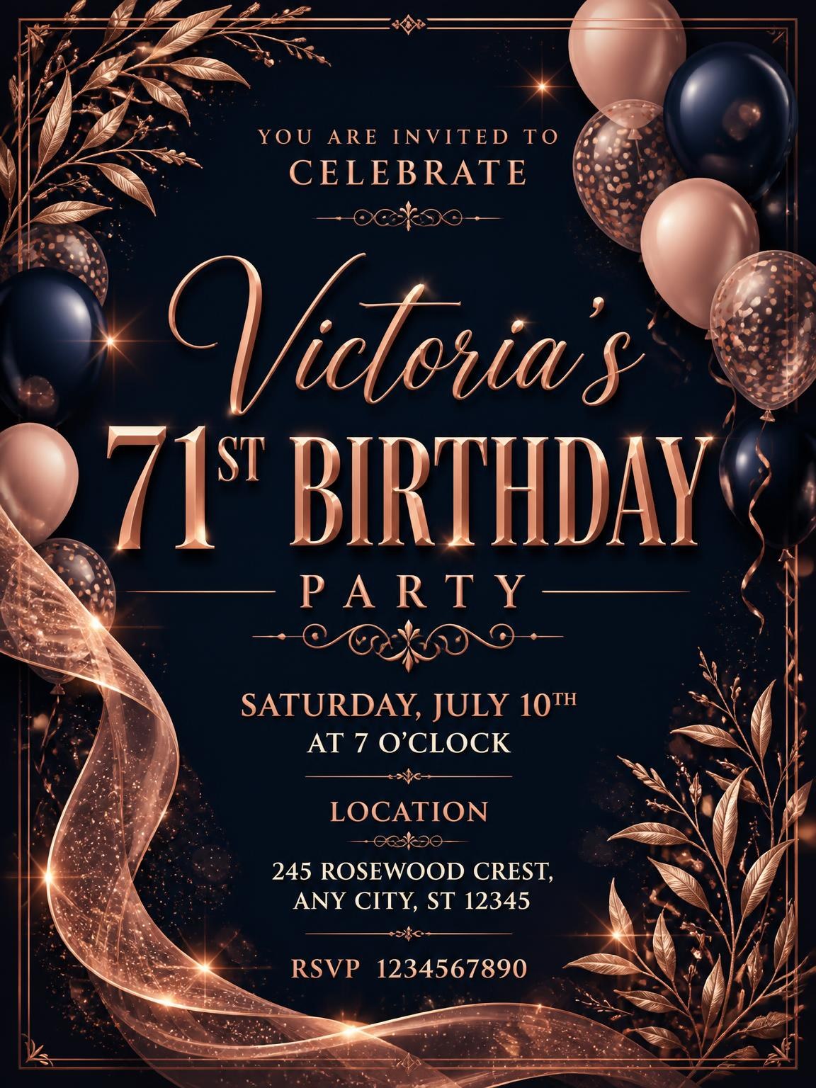 Navy and Rose Gold 71st Birthday Invitation