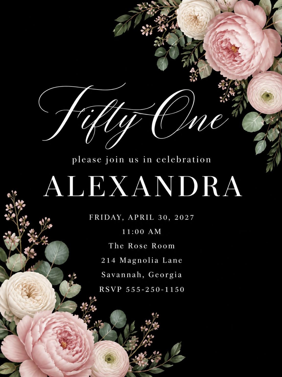 Black Floral 51st Birthday Invitation