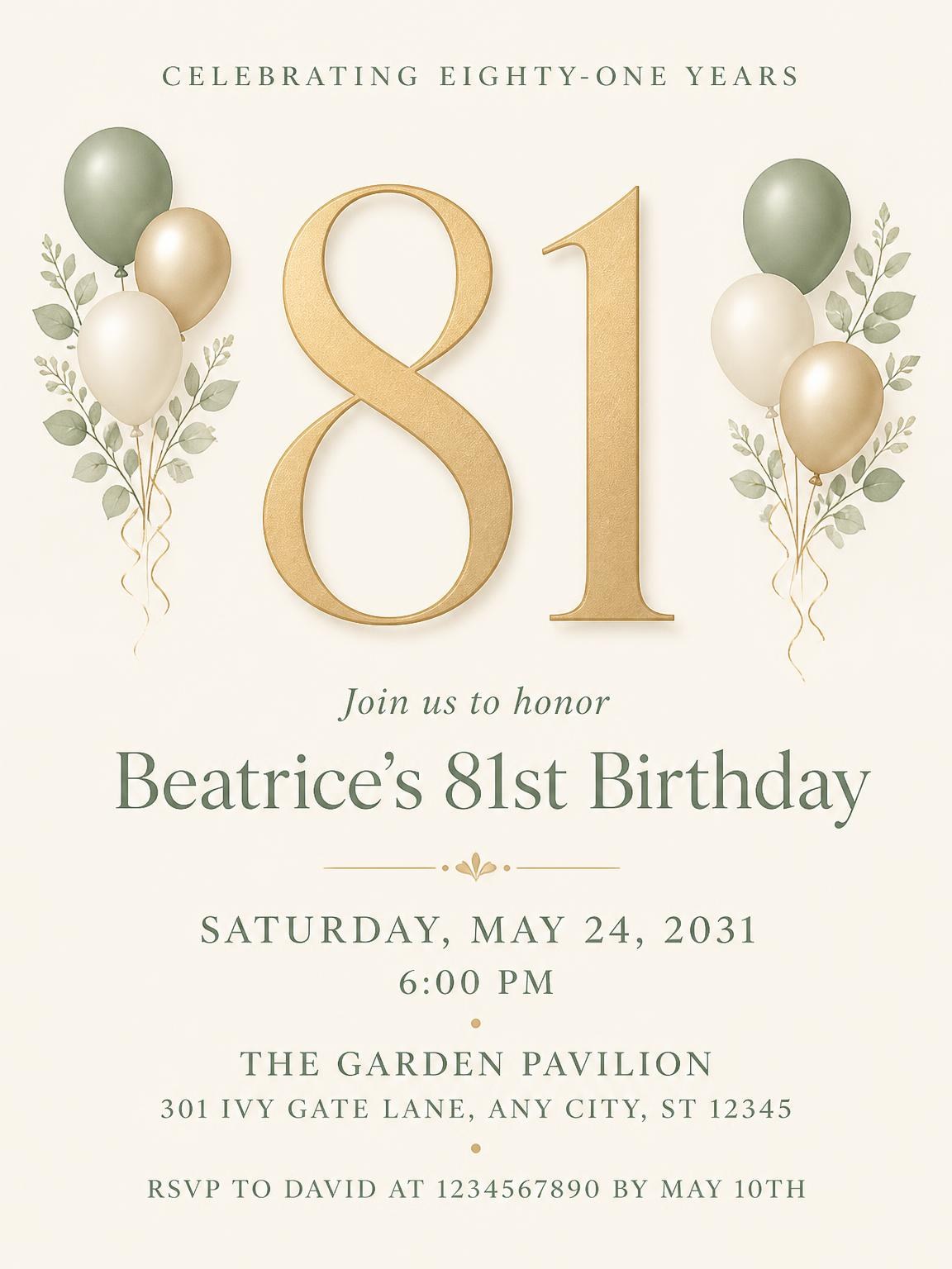 Sage and Ivory 81st Birthday Invitation