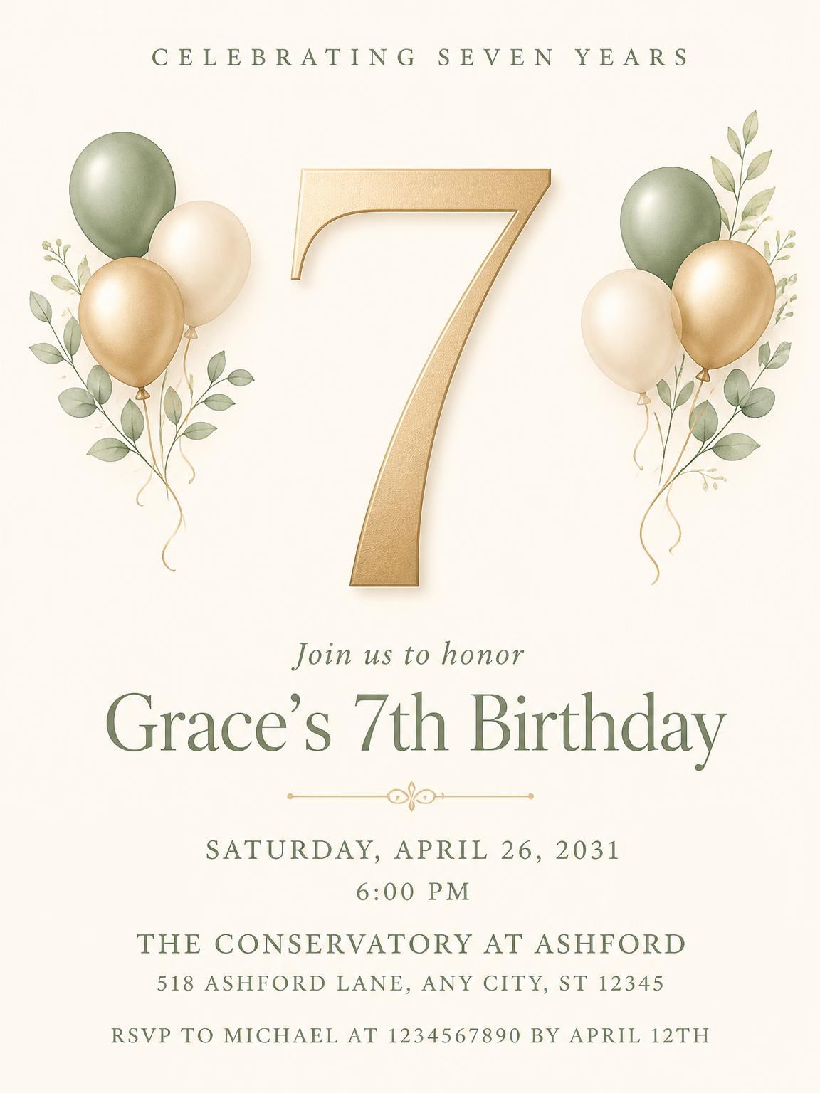 Sage and Ivory 7th Birthday Invitation