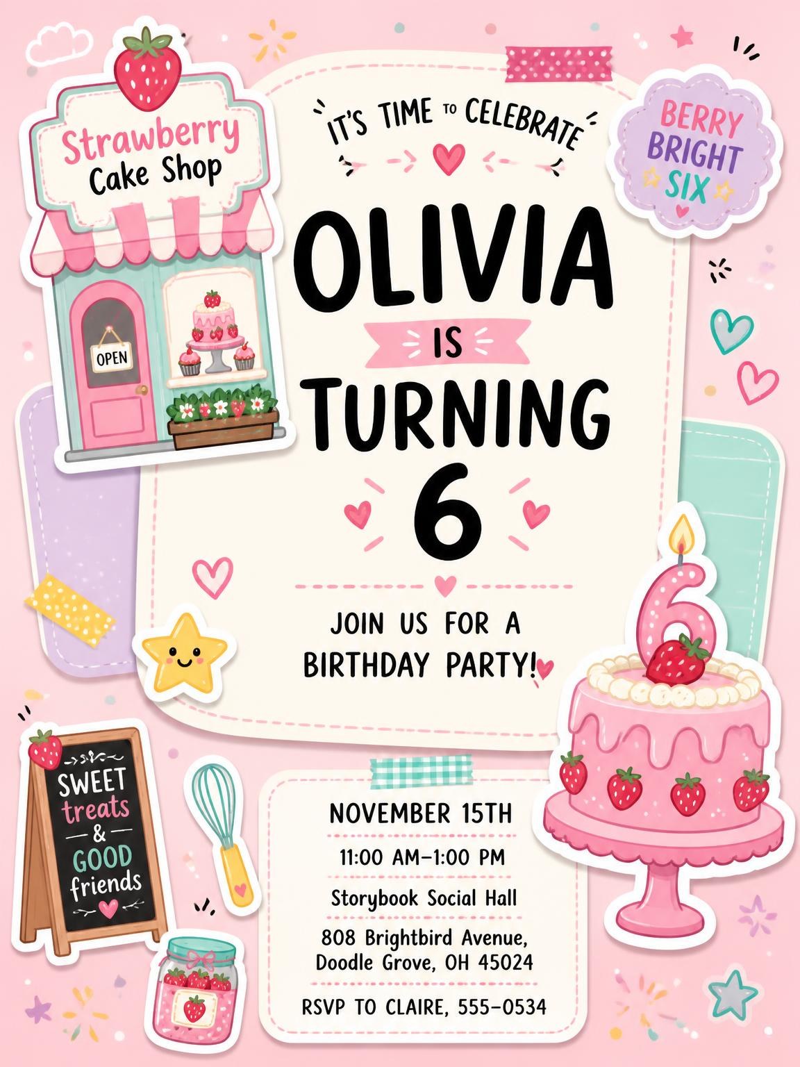 Pastel Strawberry Bakery 6th Birthday Invitation