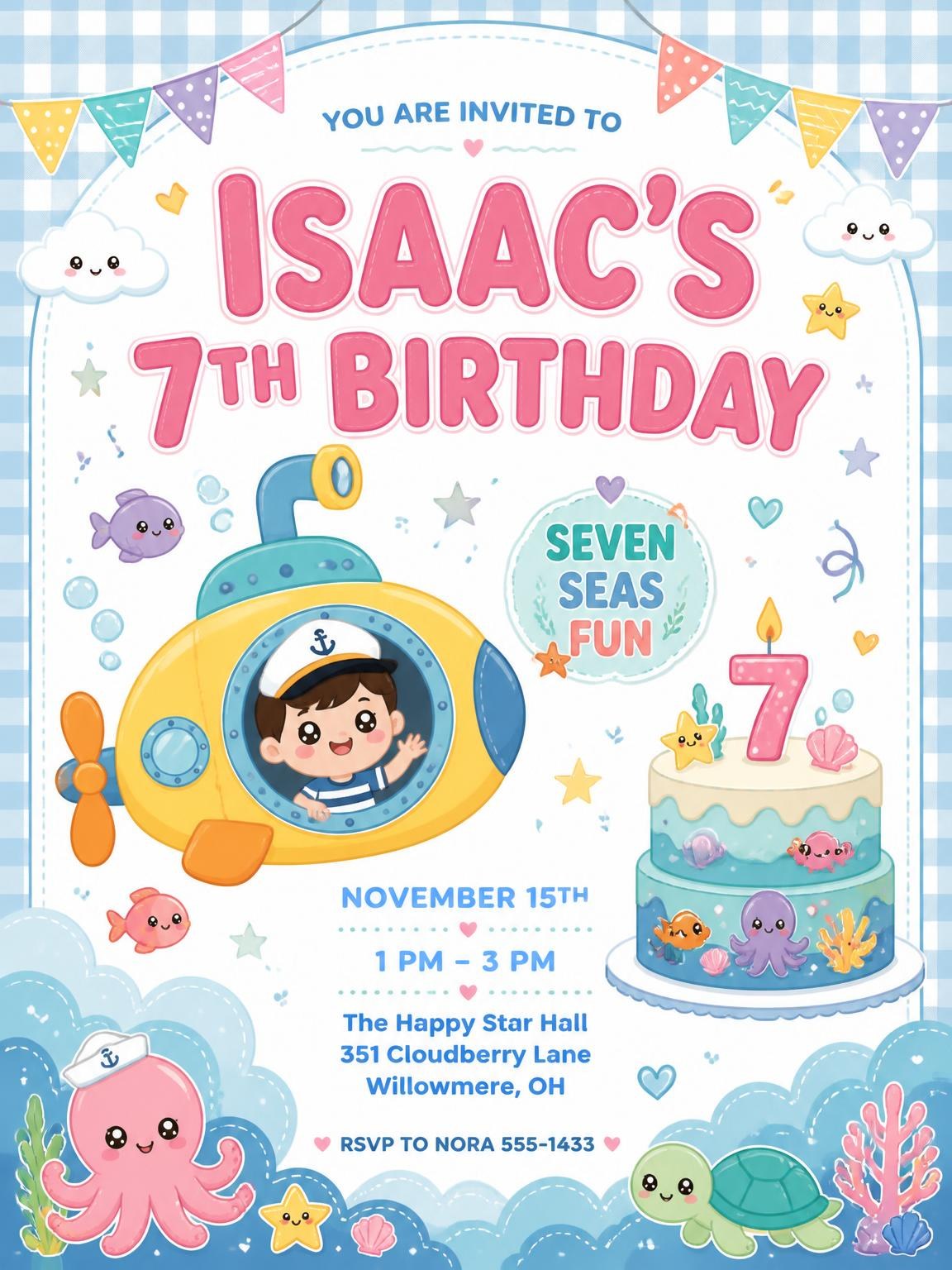 Kawaii Submarine Sailor 7th Birthday Invitation