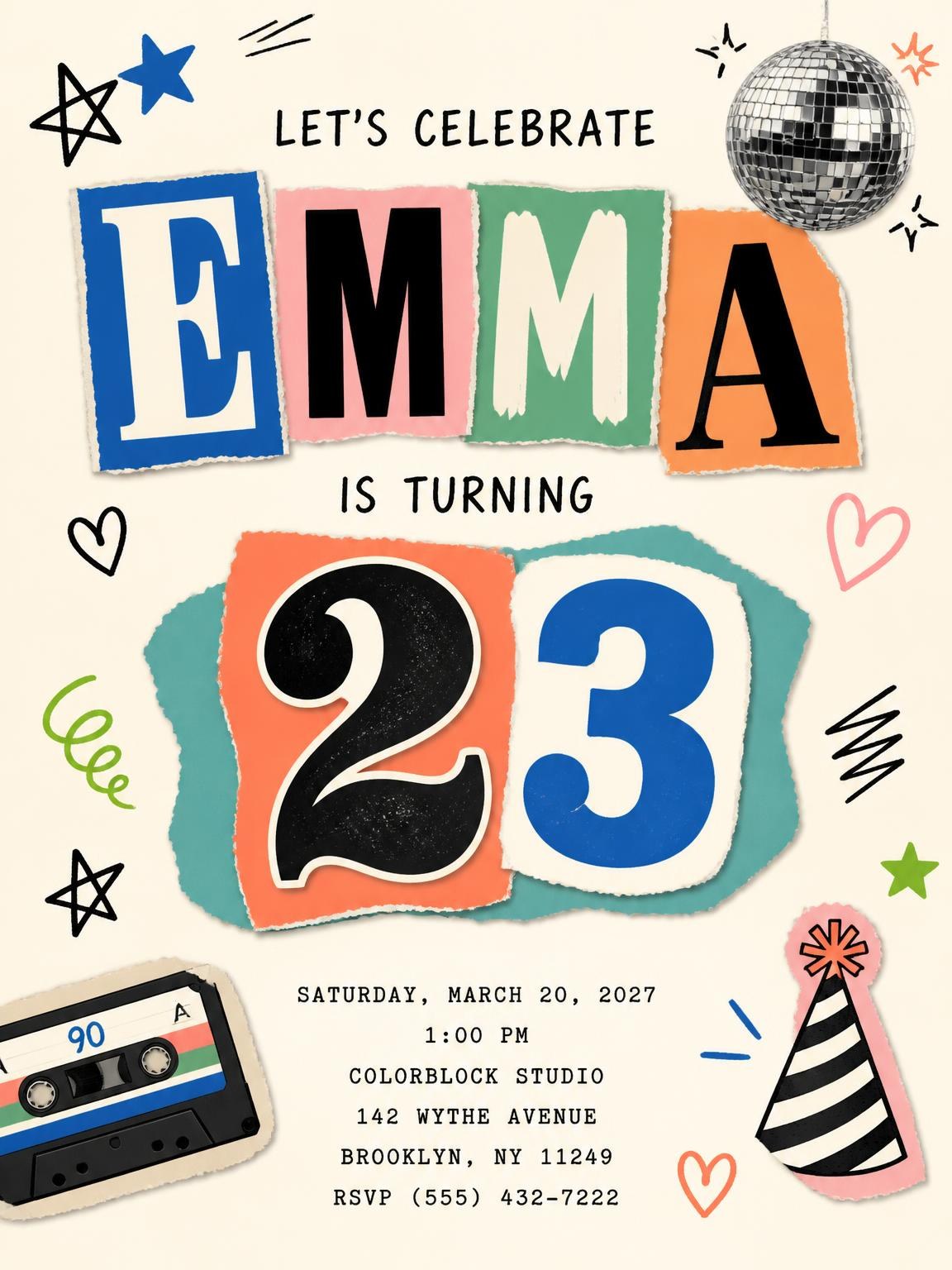 Retro Paper Collage 23rd Birthday Invitation