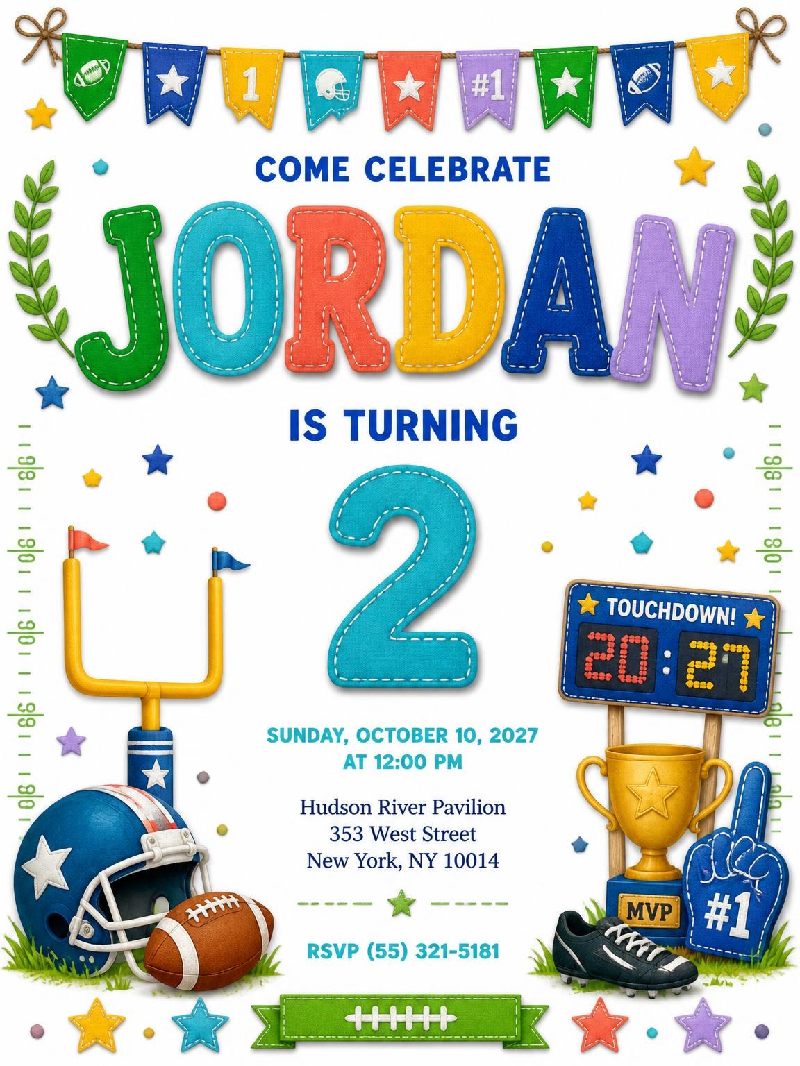 Stitched Football 2nd Birthday Invitation