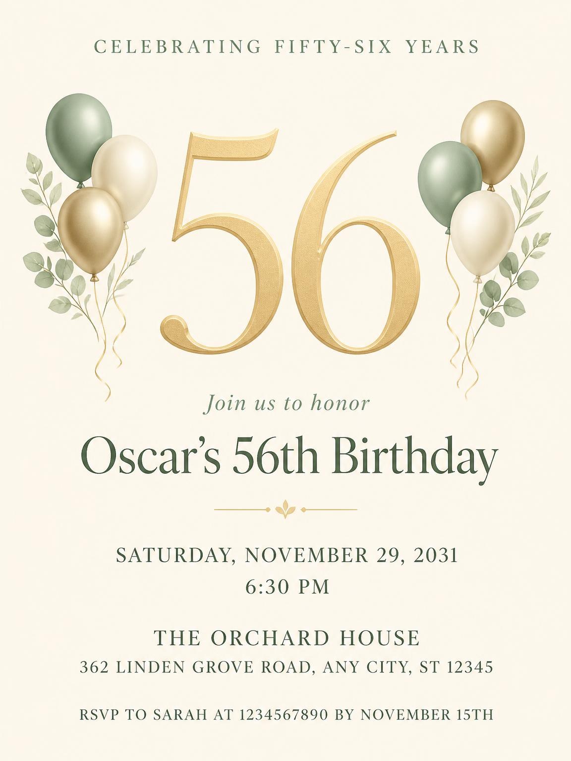 Sage and Ivory 56th Birthday Invitation