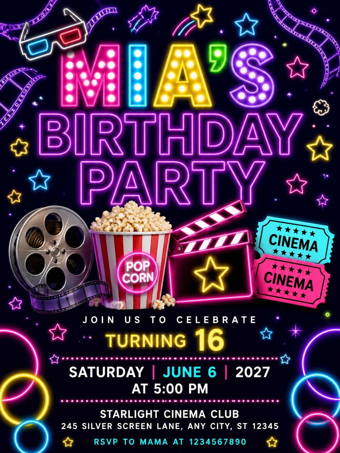 Neon Movie Night 16th Birthday Invitation