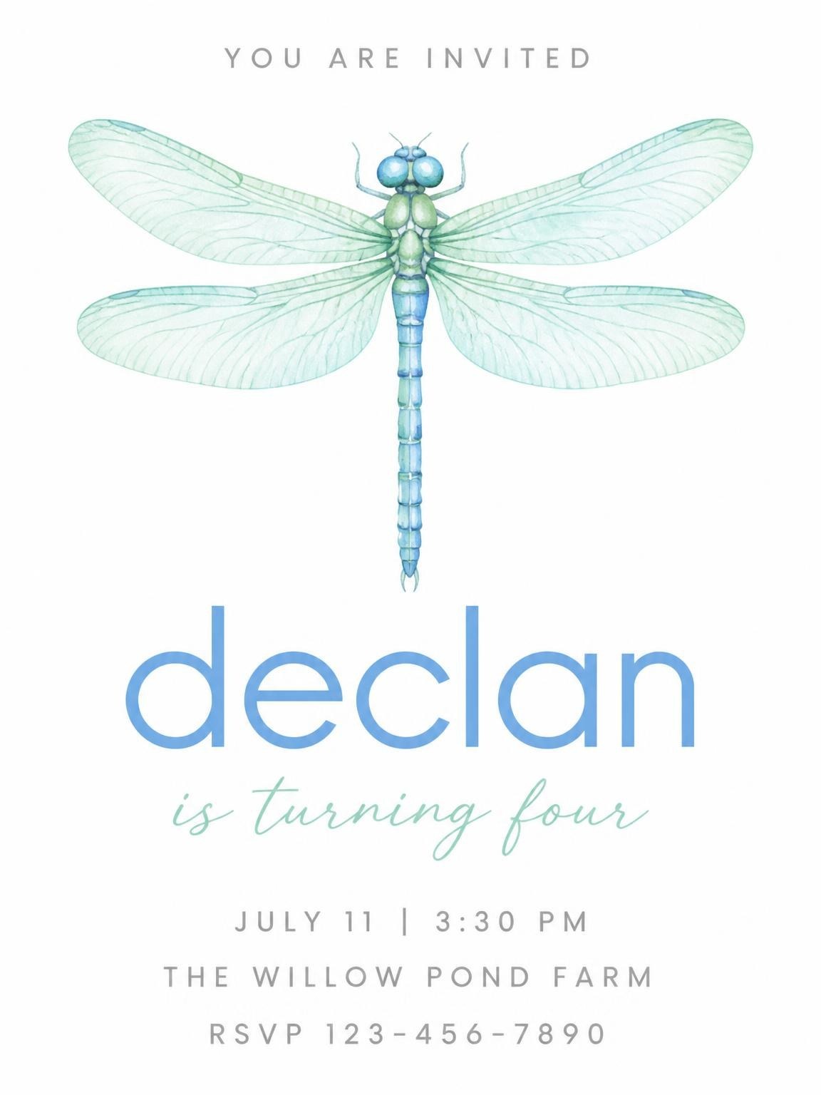Watercolor Blue Dragonfly 4th Birthday Invitation