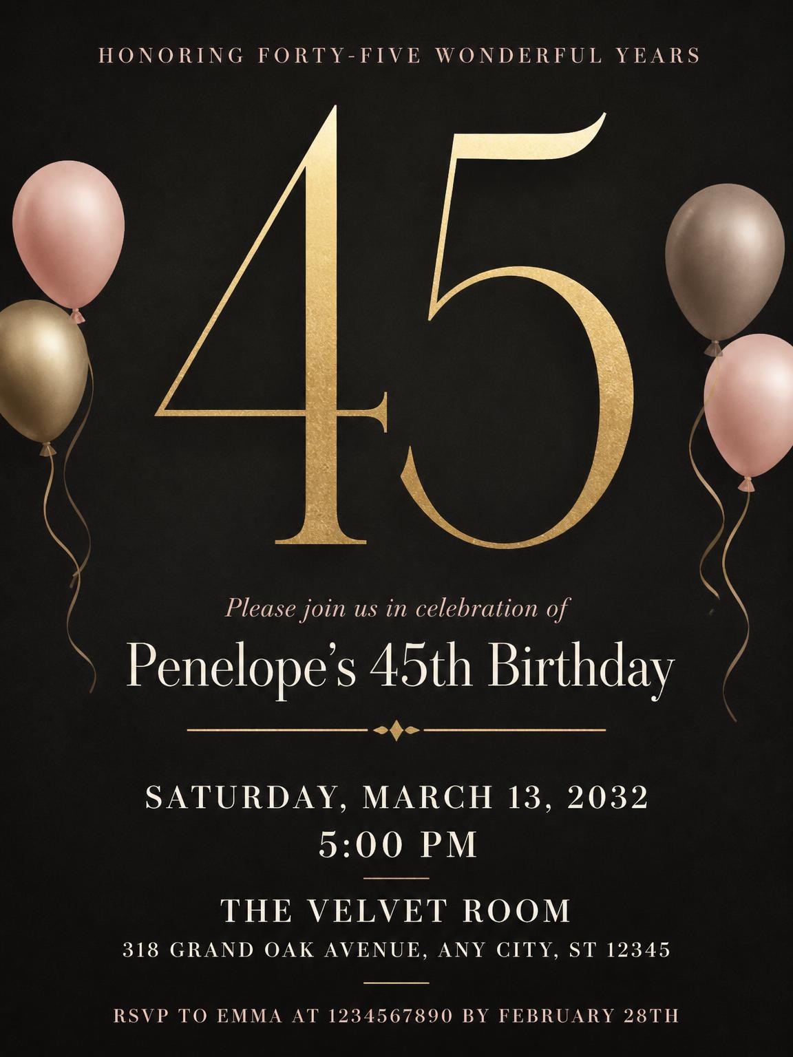 Charcoal and Blush 45th Birthday Invitation