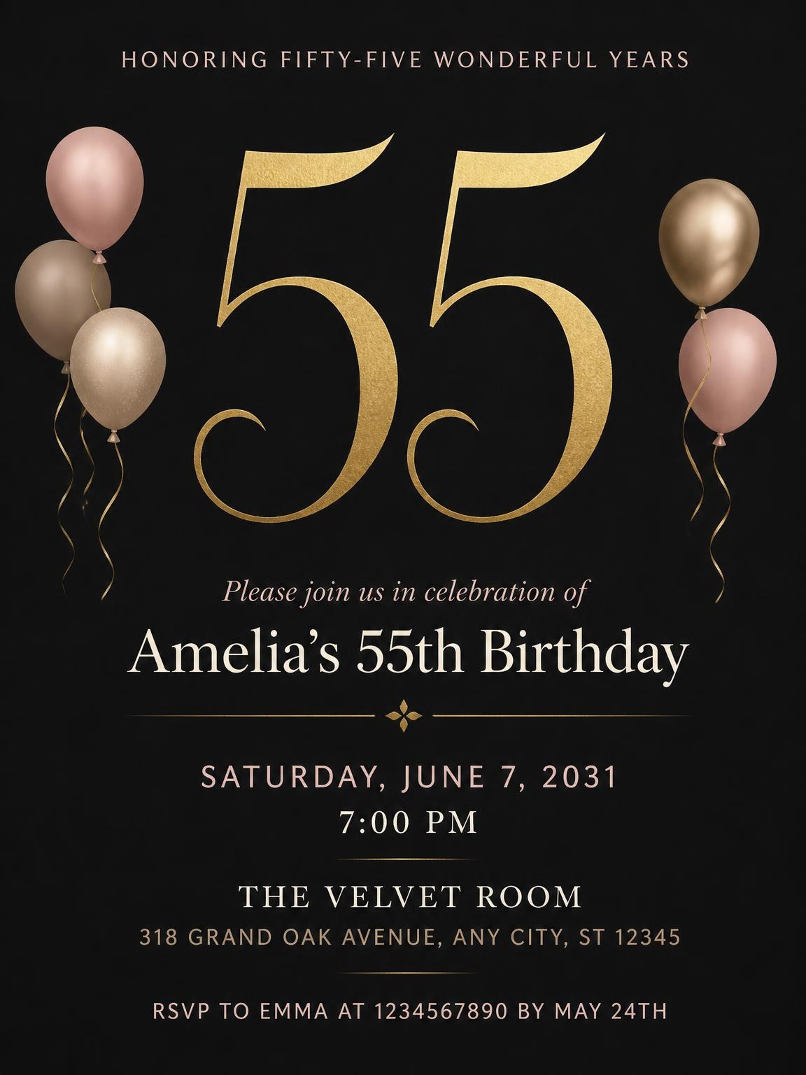 Charcoal and Blush 55th Birthday Invitation