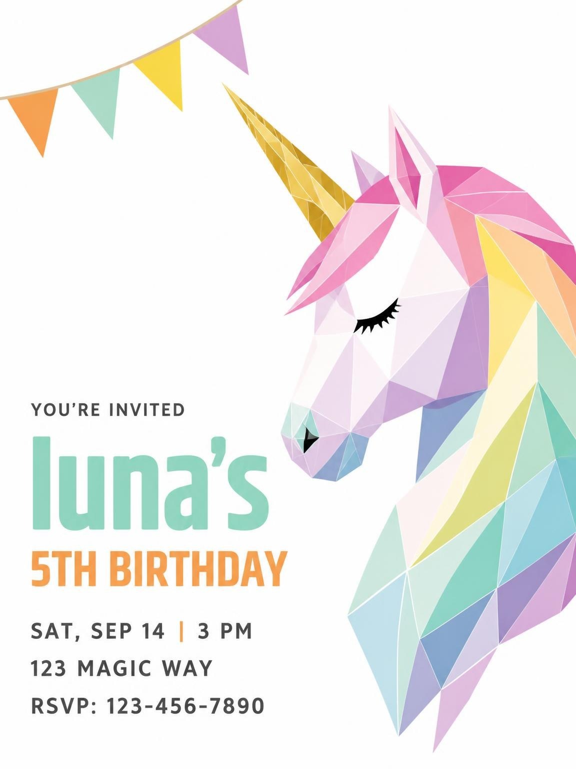 Pastel Geometric Unicorn 5th Birthday Invitation