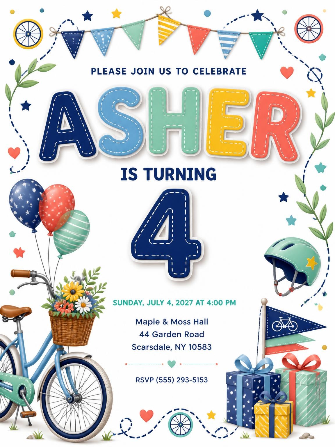 Stitched Bike Ride 4th Birthday Invitation
