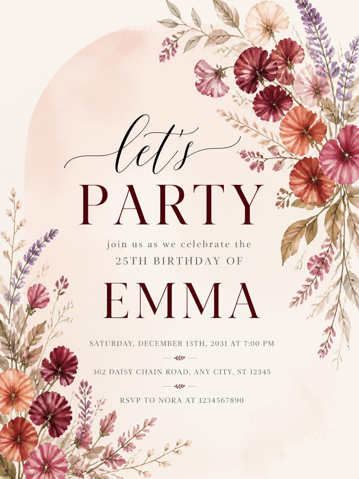 Floral Sprays Autumn 25th Birthday Invitation