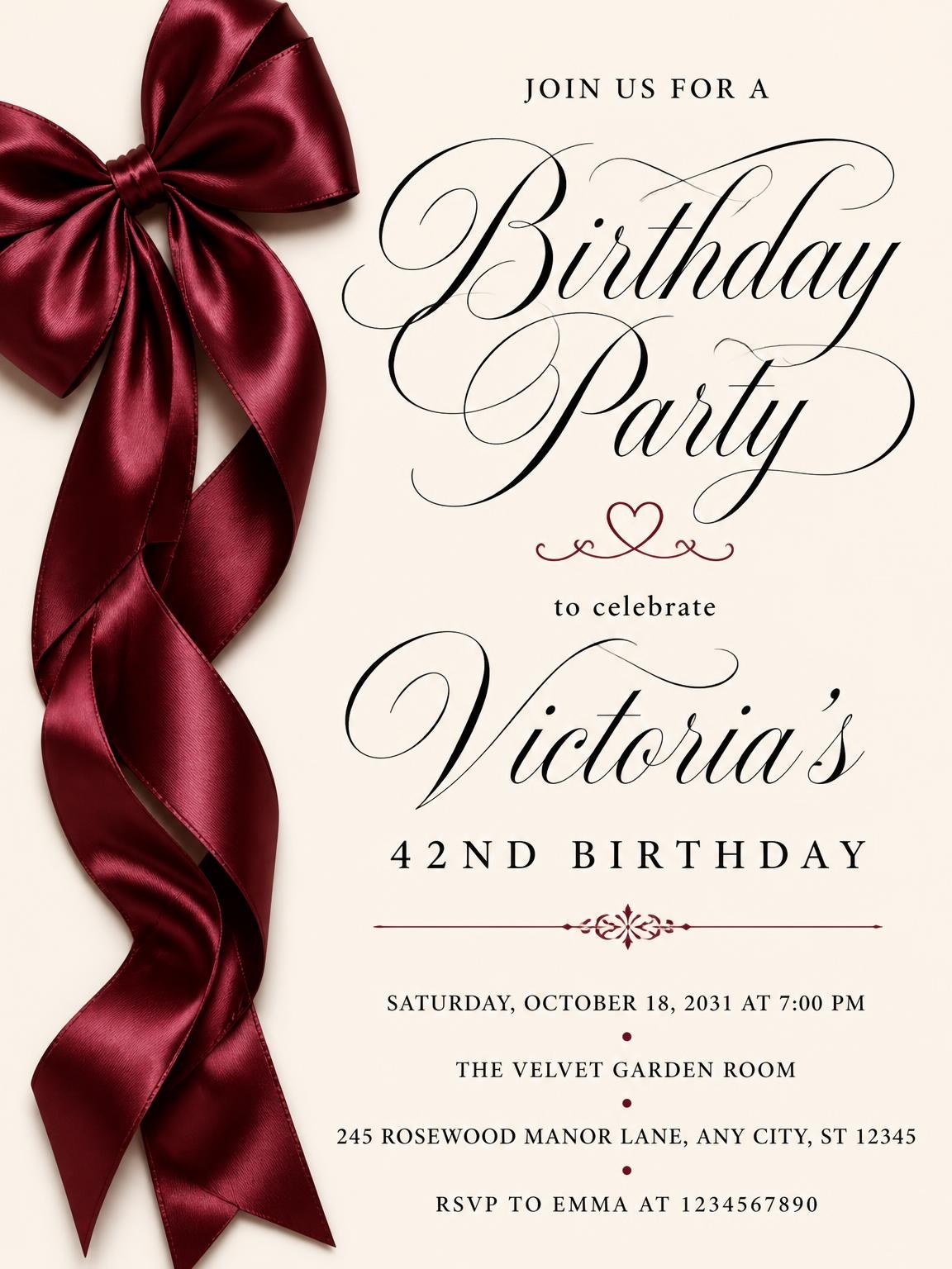 Burgundy Satin Bow 42nd Birthday Invitation