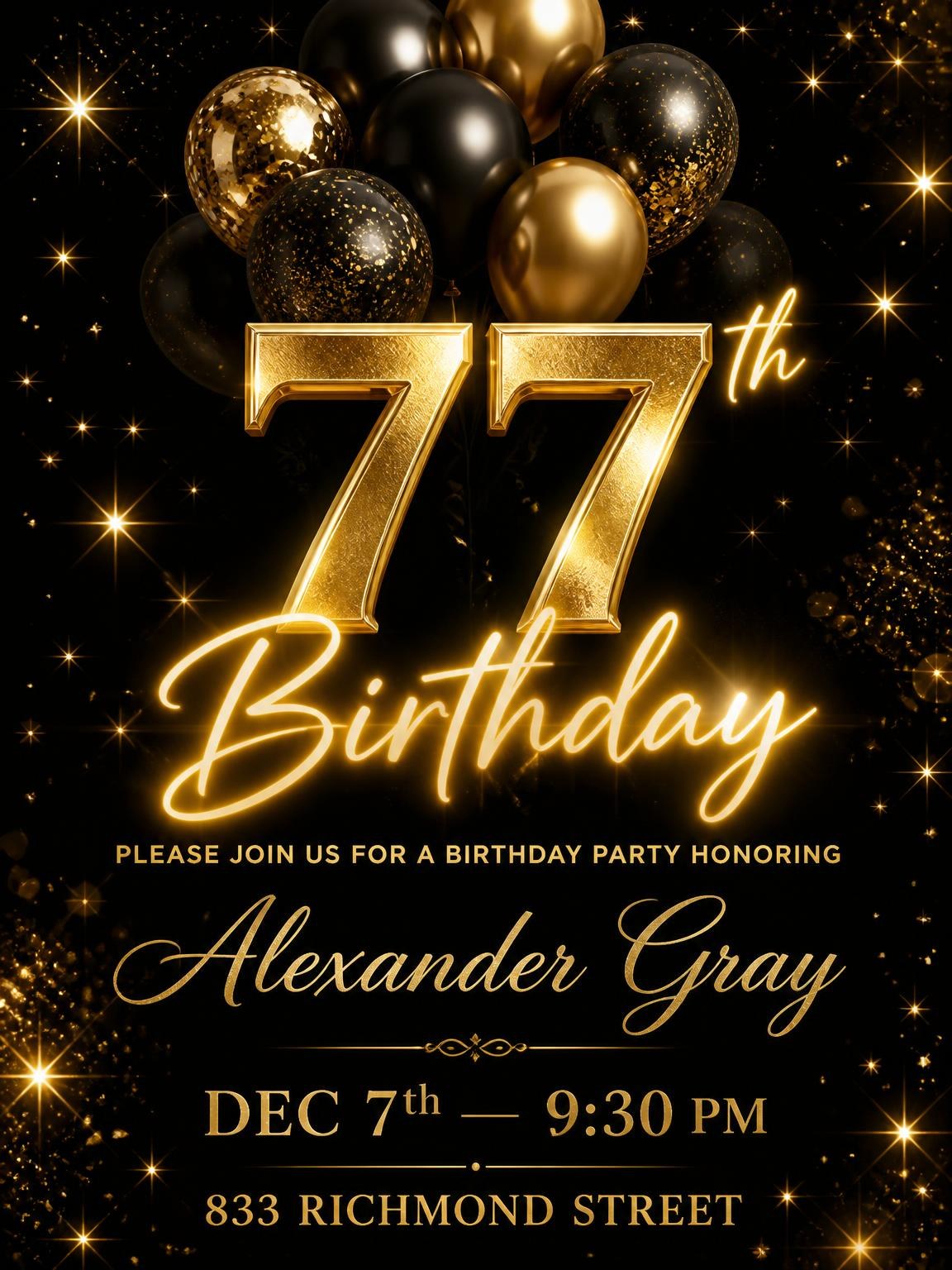 Black and Gold Balloon 77th Birthday