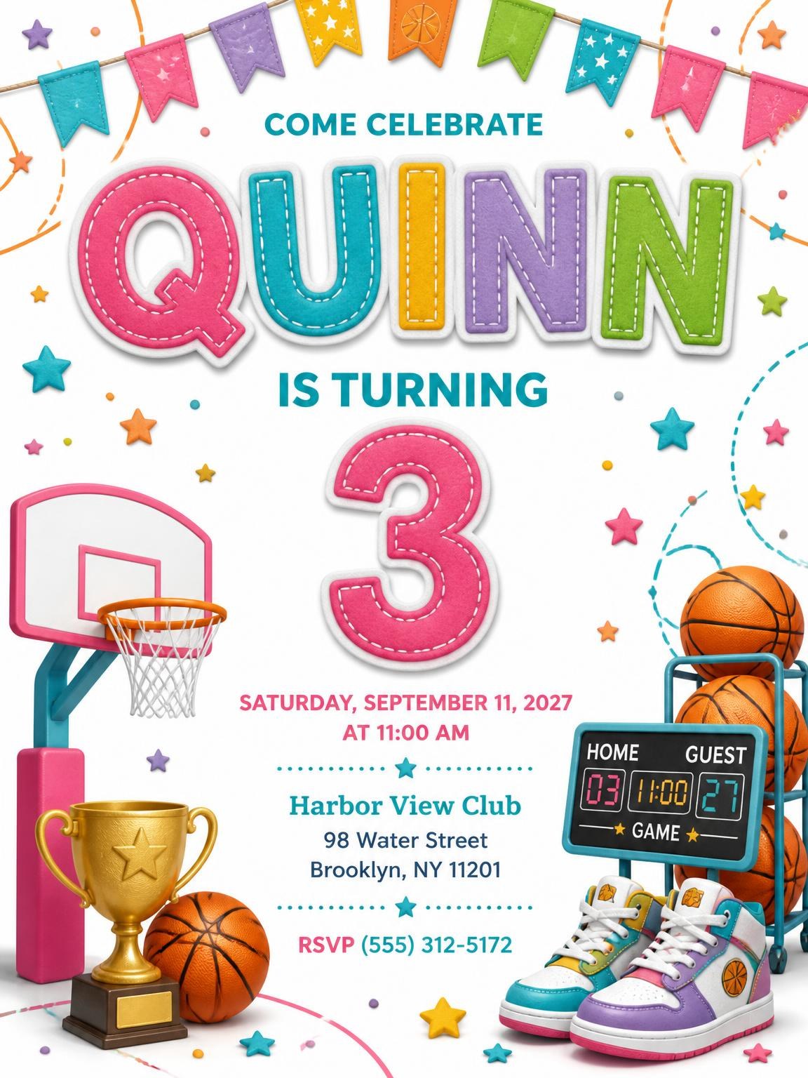 Stitched Basketball 3rd Birthday Invitation