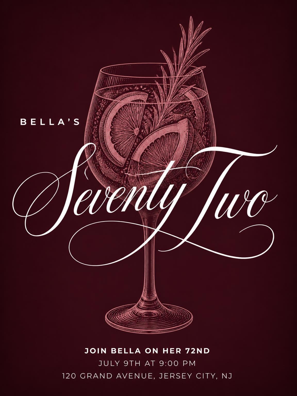 Burgundy Cocktail 72nd Birthday Invitation