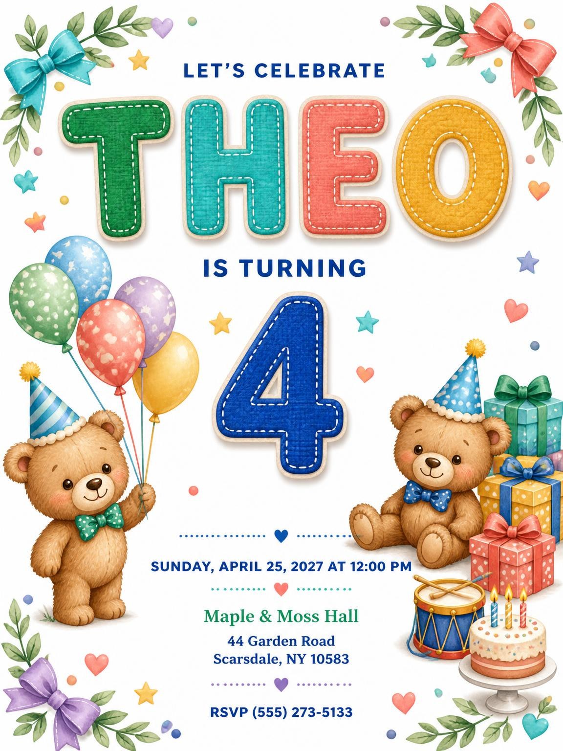 Stitched Teddy Bear 4th Birthday Invitation
