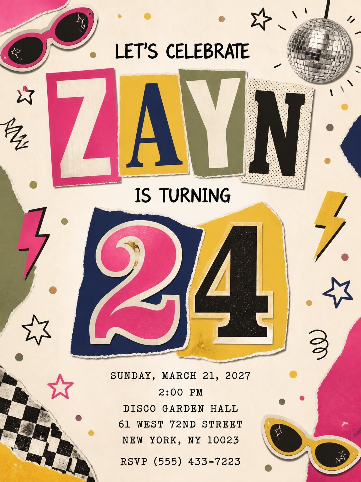 Retro Paper Collage 24th Birthday Invitation