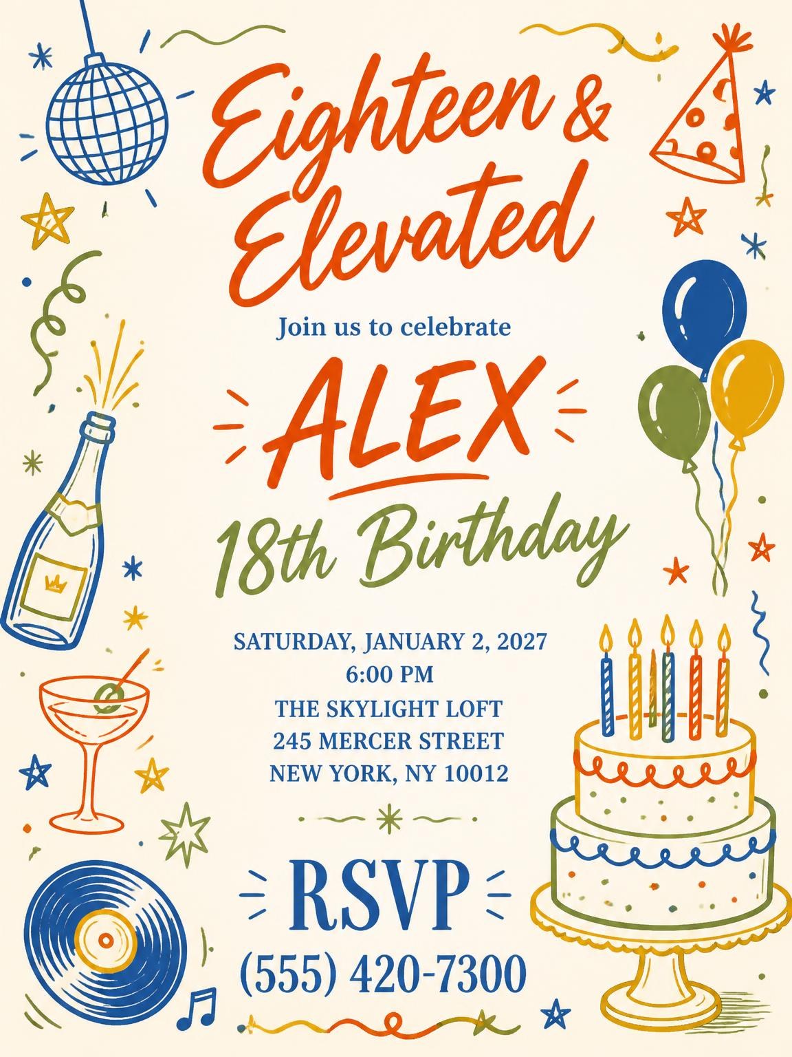 Retro Doodle 18th Birthday Invitation