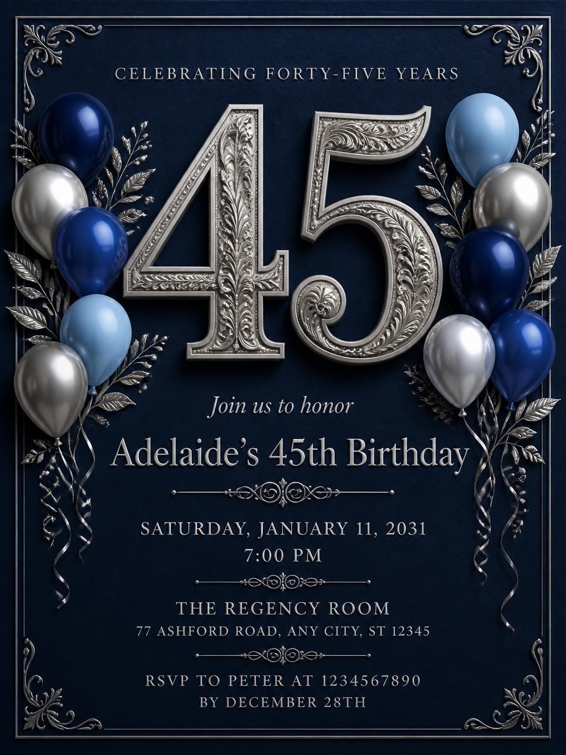 Navy and Silver 45th Birthday Invitation