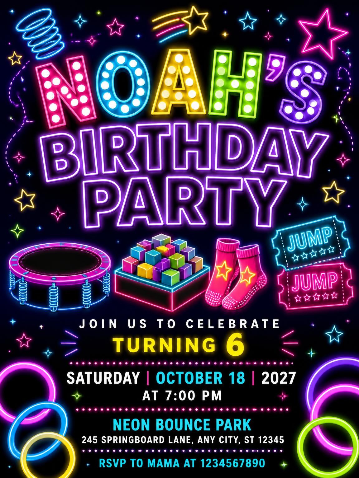 Neon Trampoline 6th Birthday Invitation