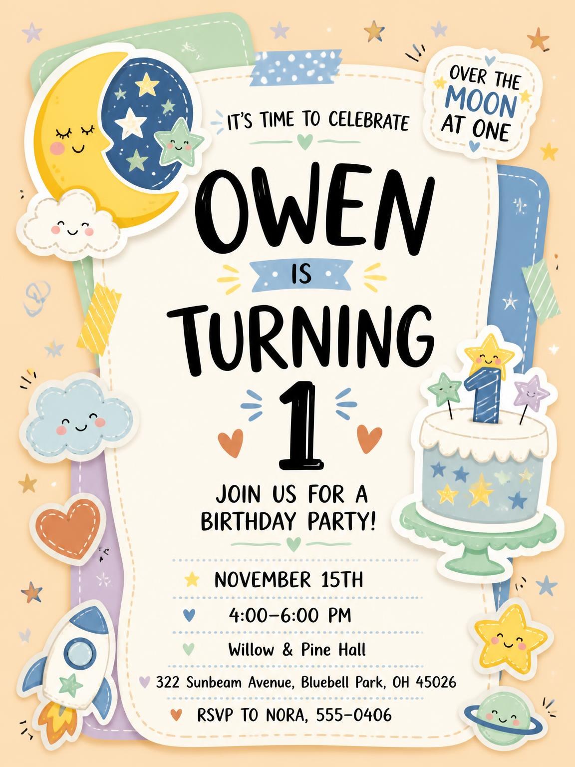 Crescent Moon Pastel 1st Birthday Invitation