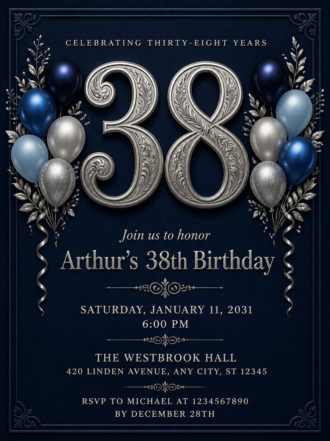 Navy and Silver 38th Birthday Invitation