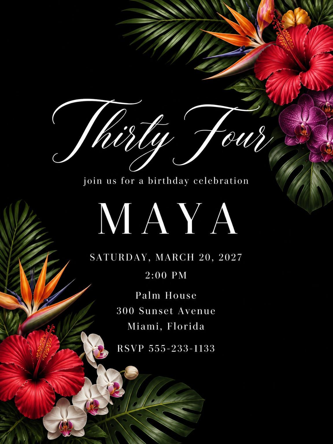 Black Floral 34th Birthday Invitation