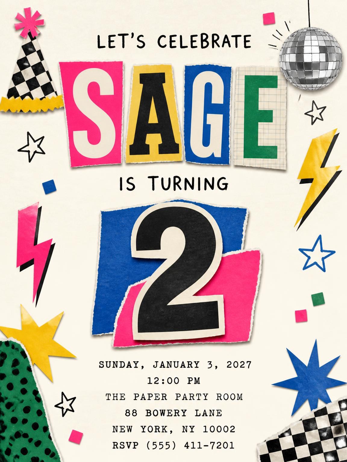 Retro Paper Collage 2nd Birthday Invitation