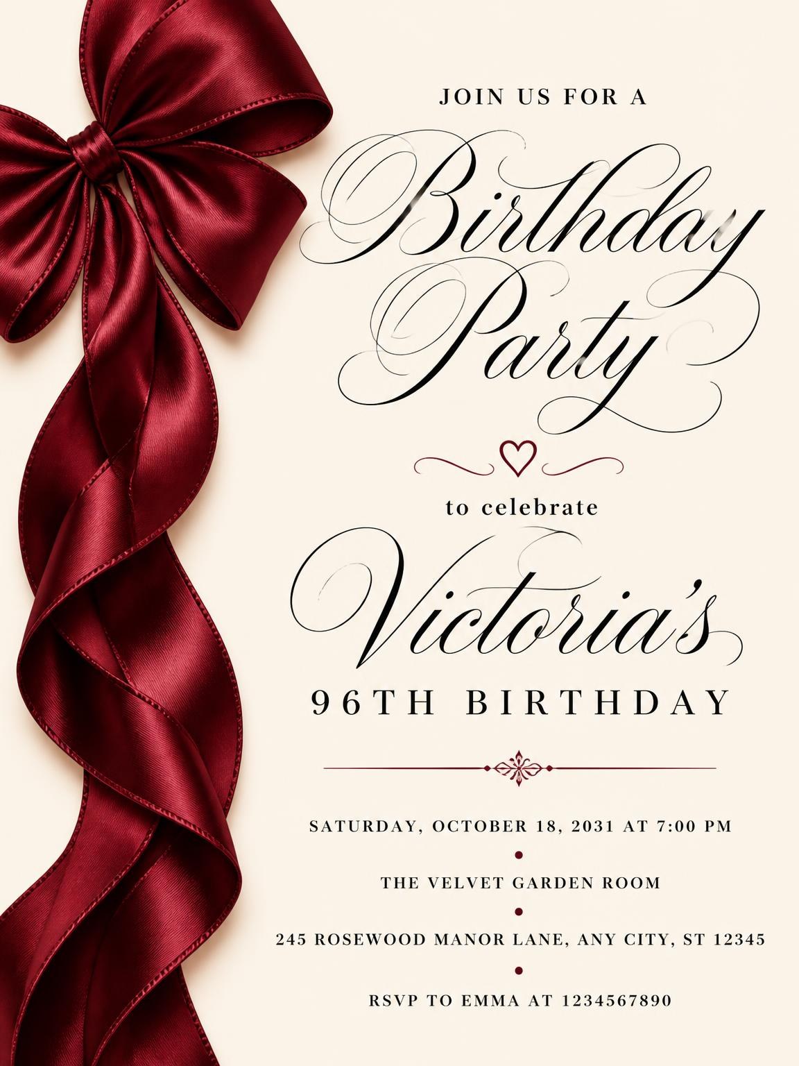 Burgundy Satin Bow 96th Birthday Invitation