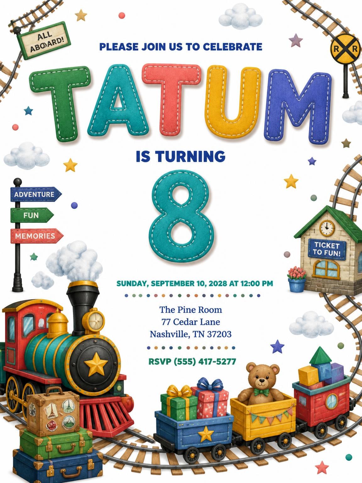 Stitched Train 8th Birthday Invitation