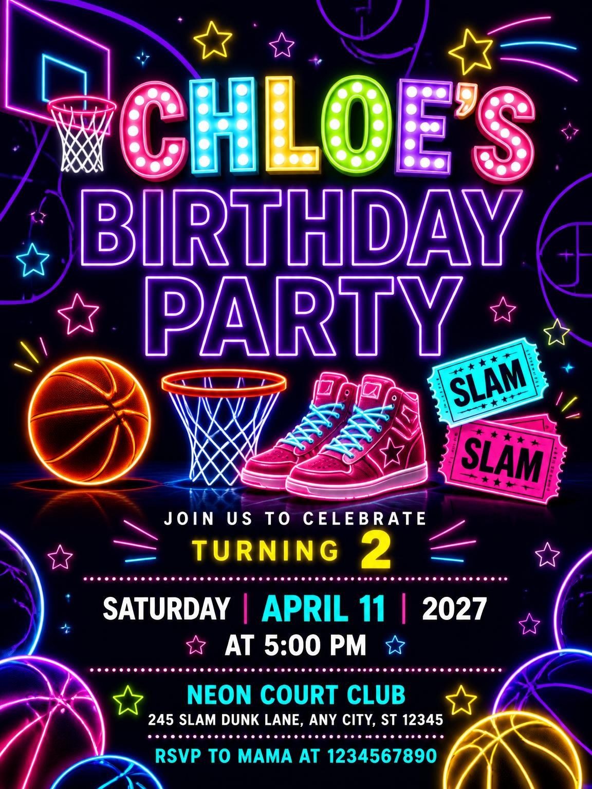 Neon Basketball 2nd Birthday Invitation