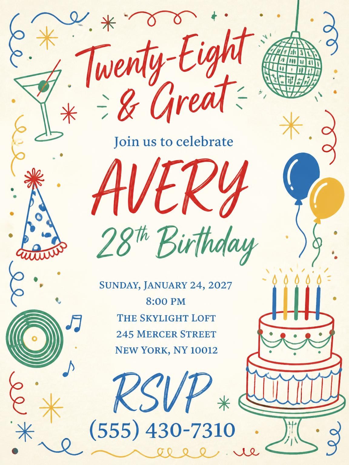 Retro Doodle 28th Birthday Invitation