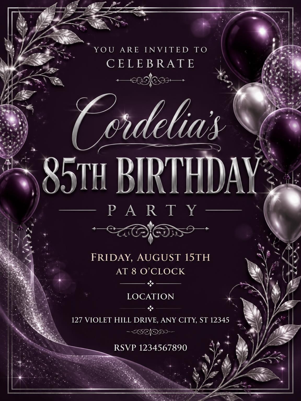 Plum and Silver 85th Birthday Invitation